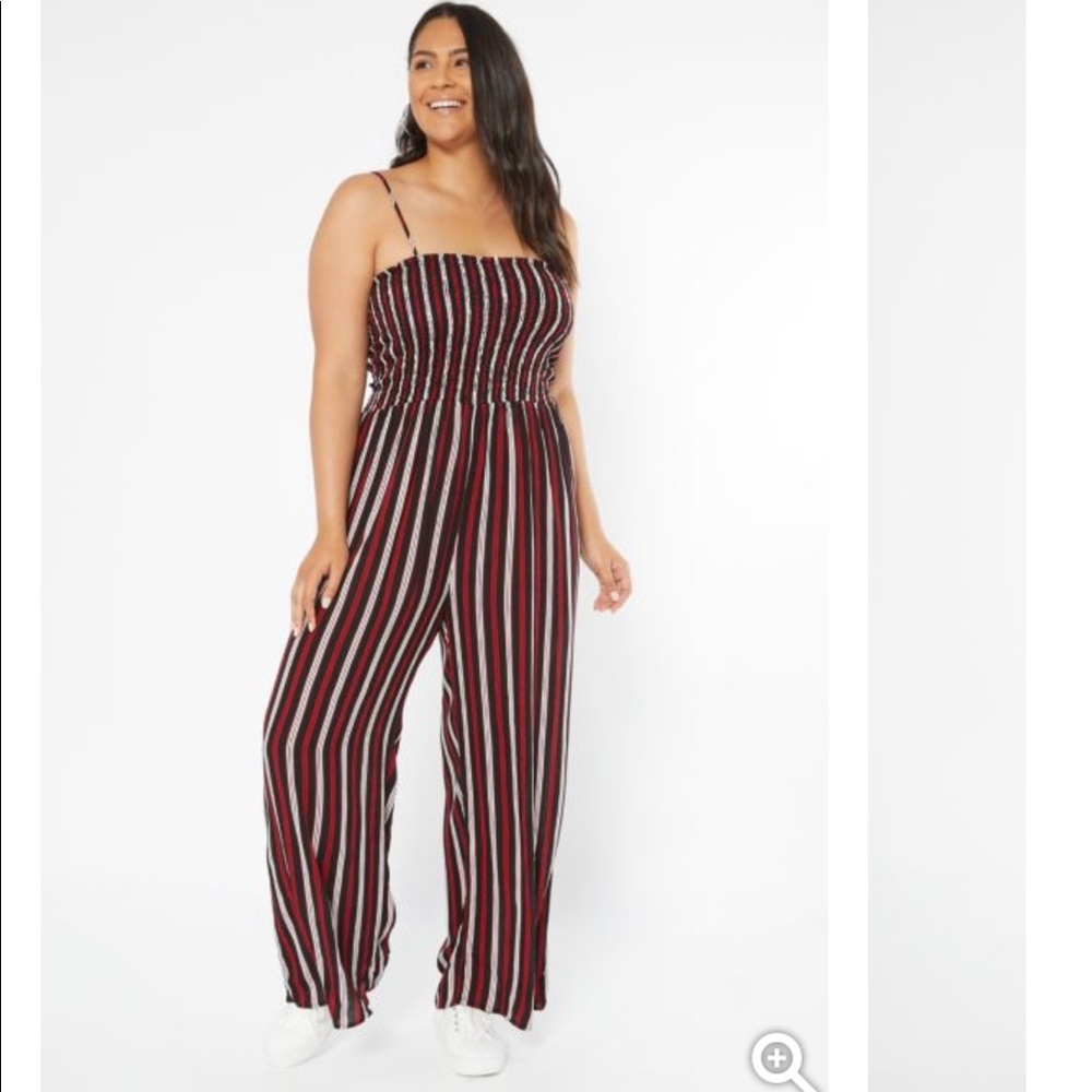 Black striped smocked wide leg jumpsuit